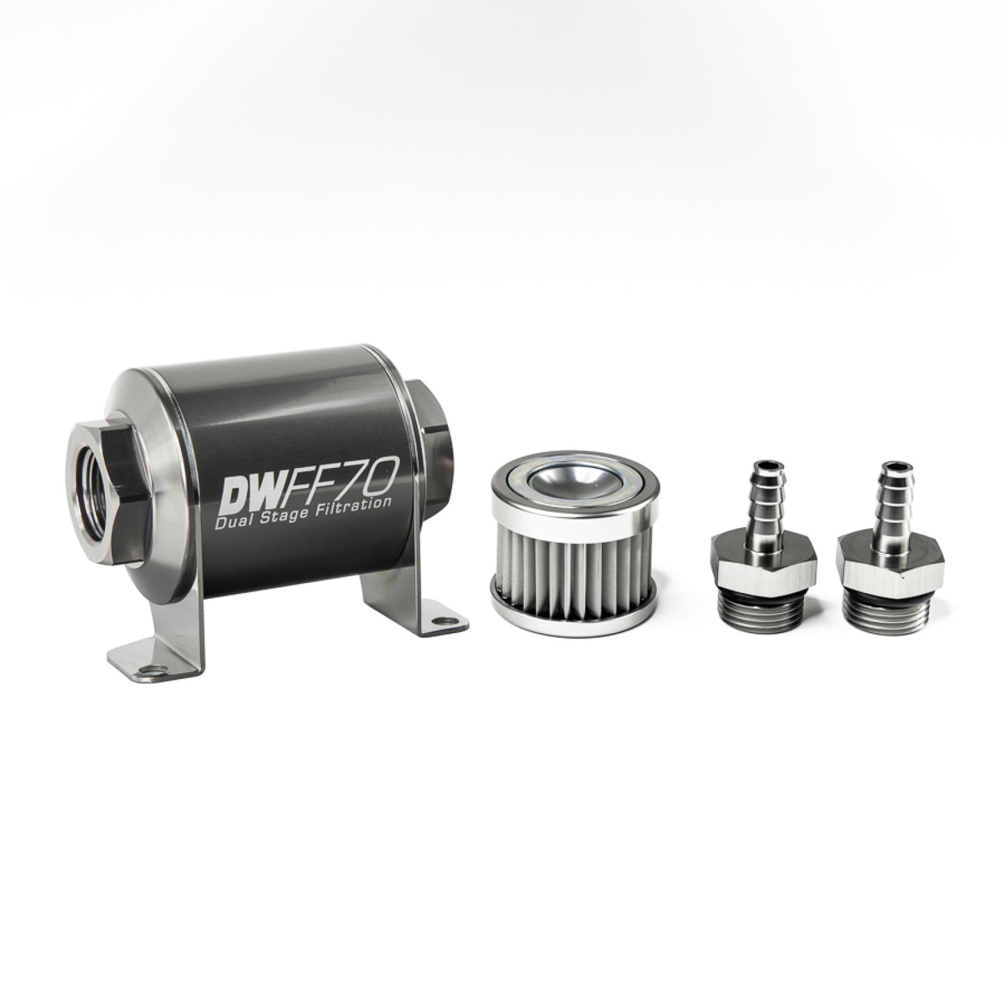 Deatschwerks In-line fuel filter element and housing kit, stainless steel 5 micron, 5/16in hose barb, 70mm. Universal DEW-8-03-070-005K-516