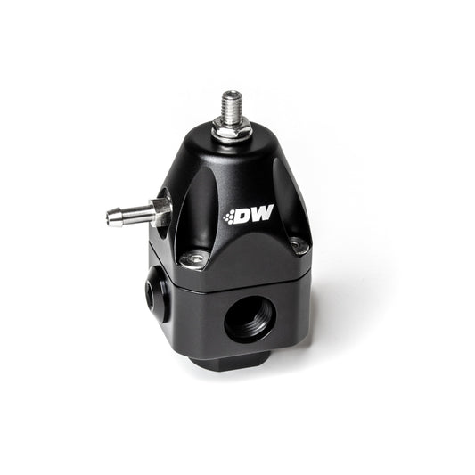 Deatschwerks DWR1000c adjustable fuel pressure regulator, anodized black. Dual -6AN inlet and -6AN outlet. Universal fitment DEW-6-1002-FRB