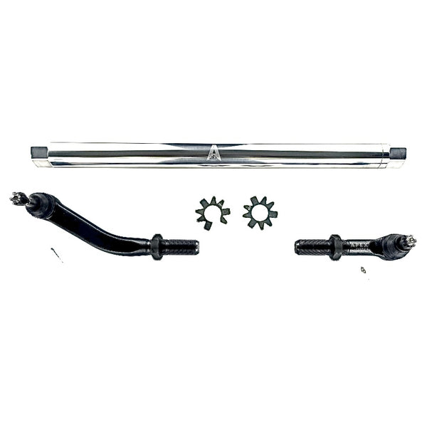 Apex Chassis Heavy Duty 2.5 Ton No Flip Drag Link Assembly in Polished Aluminum Fits: 19-22 Jeep Gladiator JT 18-22 Jeep Wrangler JL/JLU Rubicon Mohave Sahara Sport. Note: This NO-FLIP kit fits Dana 44 & Dana 30 axles with a lift of 4.5 inches or less