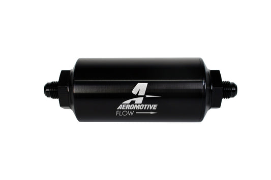 Aeromotive Filter, In-Line, 40-m Stainless Mesh Element, AN-06 Male, Bright-Dip Black, 2" OD 12348