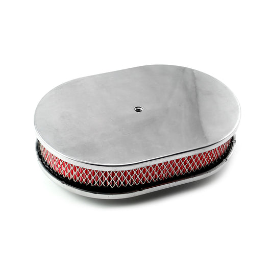 Speedmaster PCE104.1018 12" X 2" Oval Plain Polished Aluminum Air Cleaner Kit - Red Filter