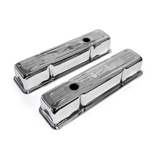 Speedmaster PCE314.1002.02 Fits Chevy SBC 350 Chrome "327 Stamped" Steel Valve Covers - Tall W/ Baffled Hole