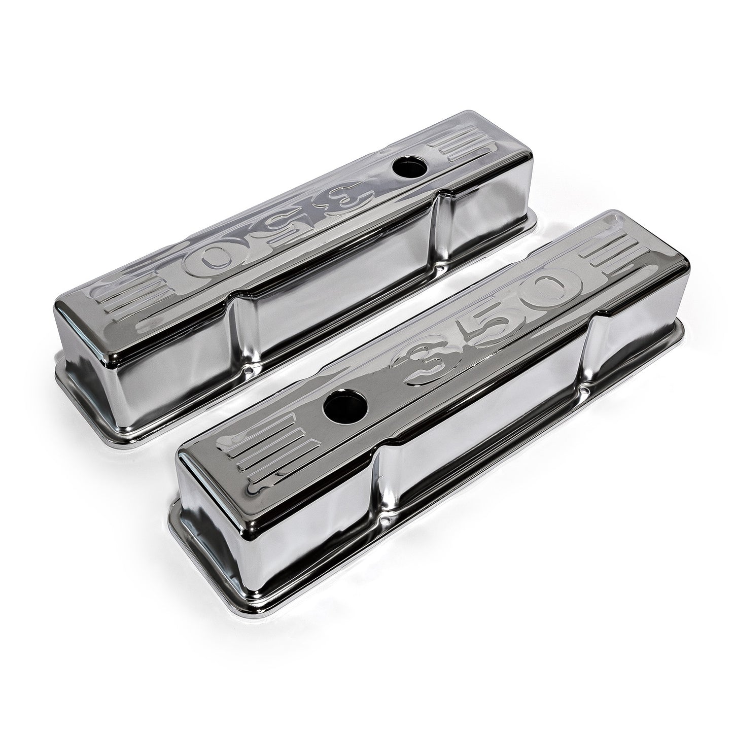 Speedmaster PCE314.1002.03 Fits Chevy SBC 350 Chrome "350 Stamped" Steel Valve Covers - Tall W/ Baffled Hole