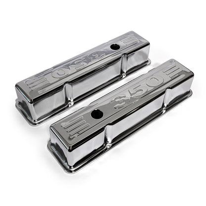 Speedmaster PCE314.1002.03 Fits Chevy SBC 350 Chrome "350 Stamped" Steel Valve Covers - Tall W/ Baffled Hole