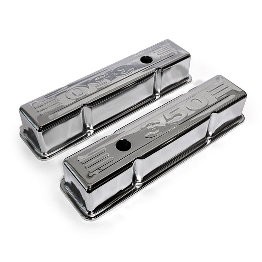 Speedmaster PCE314.1002.03 Fits Chevy SBC 350 Chrome "350 Stamped" Steel Valve Covers - Tall W/ Baffled Hole