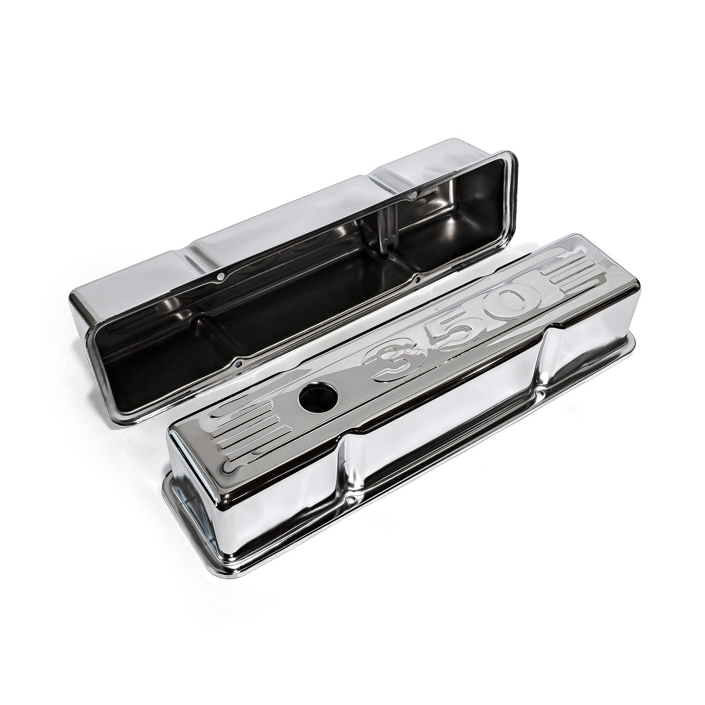 Speedmaster PCE314.1002.03 Fits Chevy SBC 350 Chrome "350 Stamped" Steel Valve Covers - Tall W/ Baffled Hole