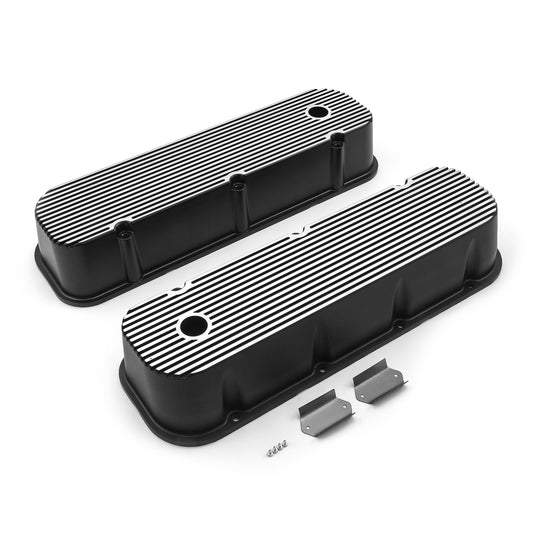 Speedmaster PCE314.1028.03 Fits Chevy BBC 454 Black Finned Aluminum Valve Covers - Tall W/ Hole