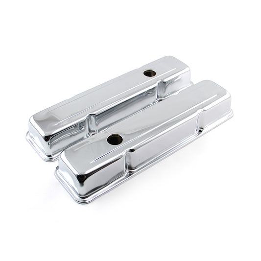 Speedmaster PCE314.1038.01 Fits Chevy SBC 350 Chrome Steel Valve Covers - Short W/ Baffled Hole