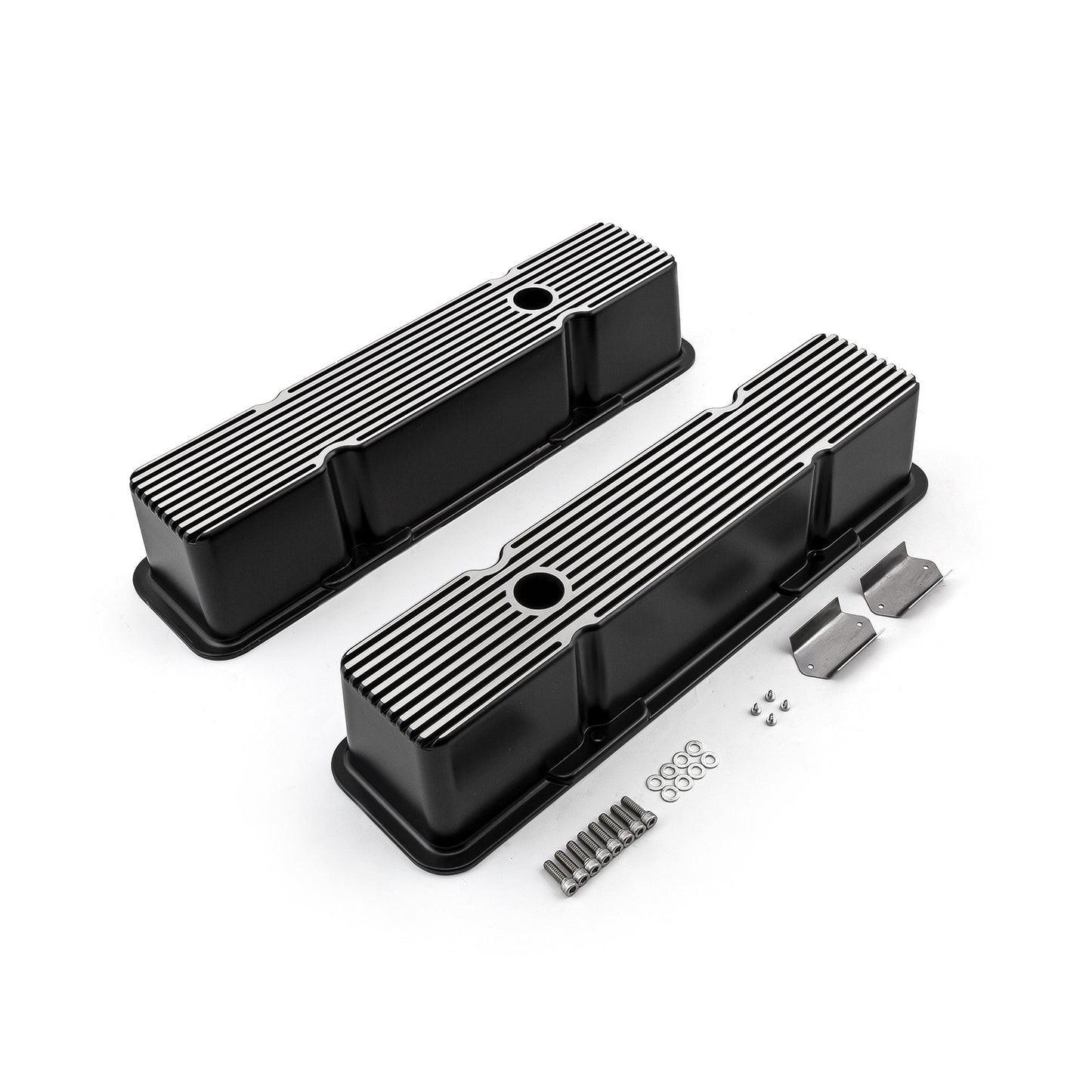 Speedmaster PCE314.1070.04 Fits Chevy SBC 350 Black Aluminum Ribbed Valve Covers Tall W/Hole