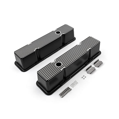 Speedmaster PCE314.1070.04 Fits Chevy SBC 350 Black Aluminum Ribbed Valve Covers Tall W/Hole
