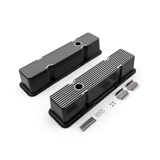 Speedmaster PCE314.1070.04 Fits Chevy SBC 350 Black Aluminum Ribbed Valve Covers Tall W/Hole