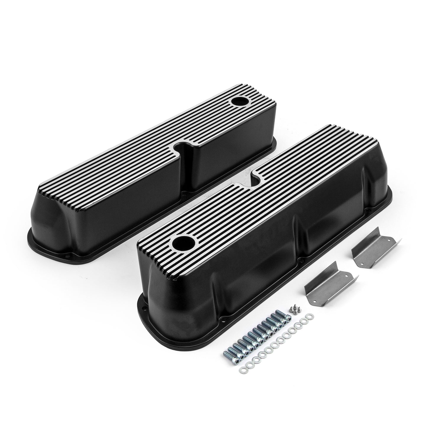 Speedmaster PCE314.1083.06 Fits Ford SB 289 302 351 Windsor Black Aluminum Ribbed Valve Covers Tall W/Hole
