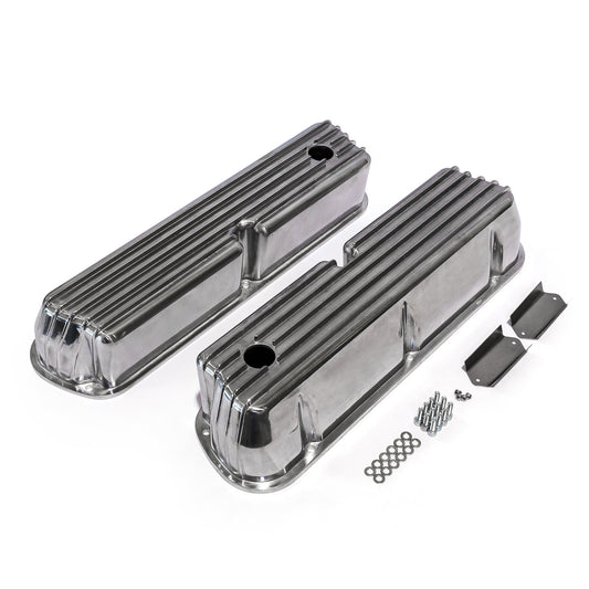 Speedmaster PCE314.1083.08 Fits Ford SB 289 302 351 Windsor Nostalgic Finned Aluminum Valve Covers Tall W/Hole