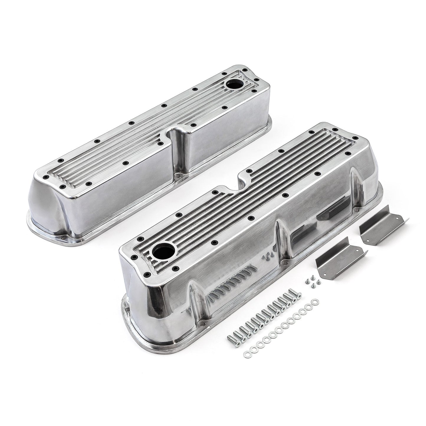 Speedmaster PCE314.1083.11 Fits Ford SB 289 302 351 Windsor Polished Ribbed Aluminum Valve Covers - Tall W/Hole