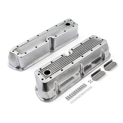 Speedmaster PCE314.1083.11 Fits Ford SB 289 302 351 Windsor Polished Ribbed Aluminum Valve Covers - Tall W/Hole