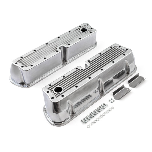 Speedmaster PCE314.1083.11 Fits Ford SB 289 302 351 Windsor Polished Ribbed Aluminum Valve Covers - Tall W/Hole