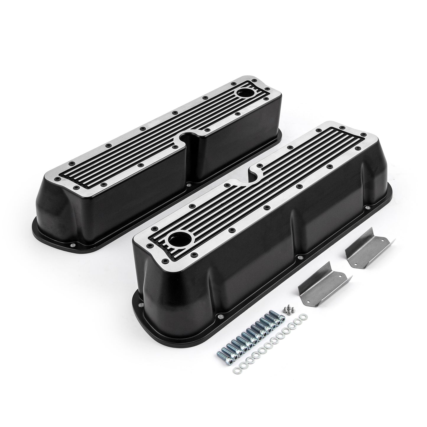Speedmaster PCE314.1083.17 Fits Ford SB 289 302 351 Windsor Black Ribbed Aluminum Valve Covers - Tall W/Hole