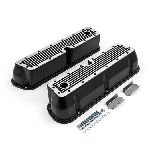 Speedmaster PCE314.1083.17 Fits Ford SB 289 302 351 Windsor Black Ribbed Aluminum Valve Covers - Tall W/Hole