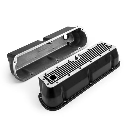Speedmaster PCE314.1083.17 Fits Ford SB 289 302 351 Windsor Black Ribbed Aluminum Valve Covers - Tall W/Hole