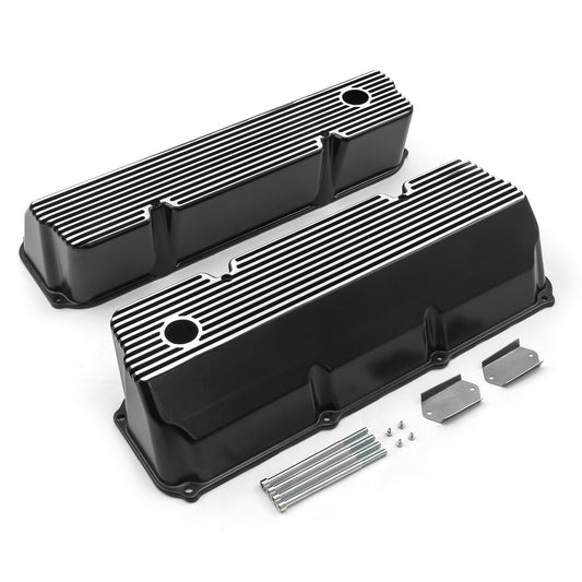 Speedmaster PCE314.1088.05 Fits Ford 302 351C Cleveland Black Finned Aluminum Valve Covers - Tall W/ Hole