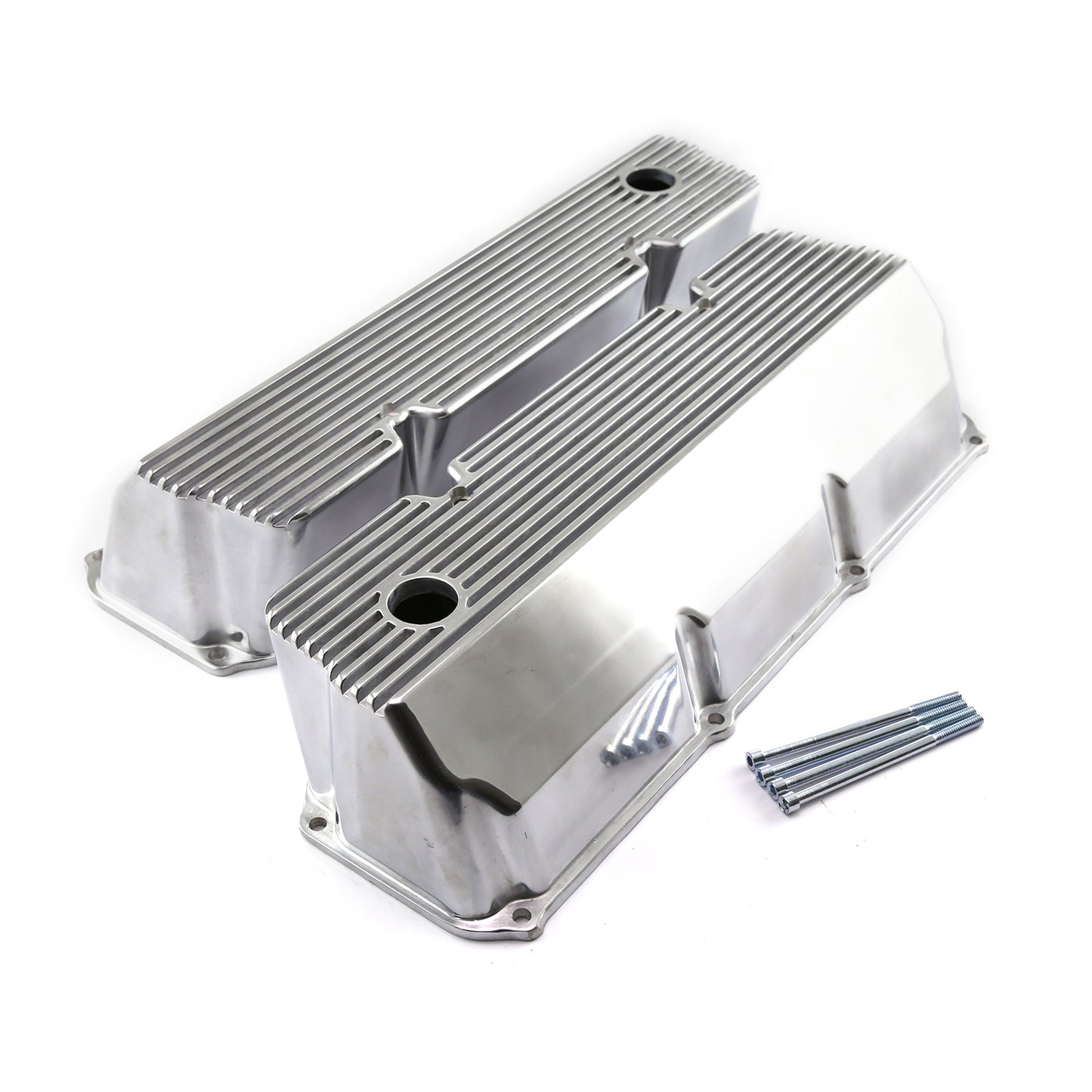 Speedmaster PCE314.1088.08 Fits Ford 302 351C Cleveland Polished Aluminum Finned Valve Covers - Tall W/Hole