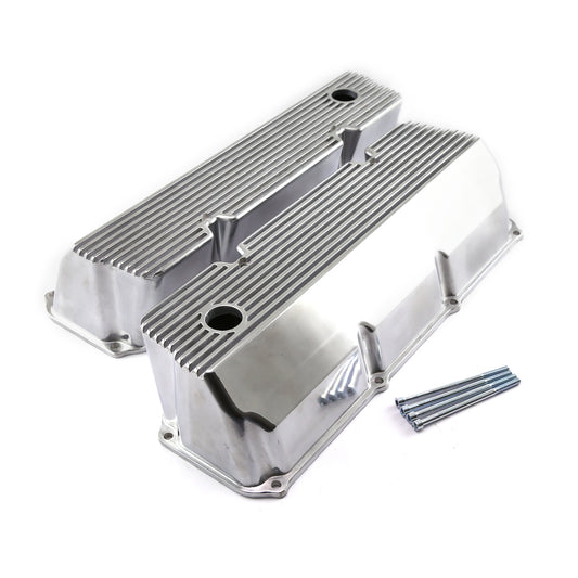 Speedmaster PCE314.1088.08 Fits Ford 302 351C Cleveland Polished Aluminum Finned Valve Covers - Tall W/Hole