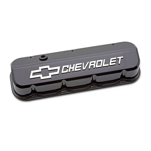 Proform Engine Valve Covers; Tall; Die-Cast; BB Chevy; Liquid Black w/ Raised Chevy Logo 141-868