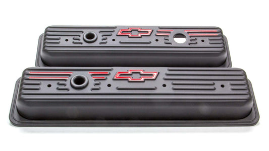 Proform Engine Valve Covers; Center Bolt Style; Steel; Black w/Bowtie Logo; SB Chevy 141-907