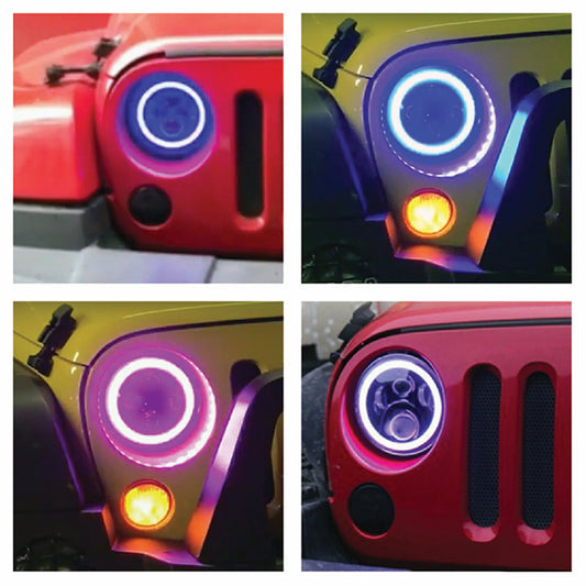 Quake LED - QTE555 - 7 Inch RGB Accent Headlight Jeep JK/CJ/TJ 60 Watt High/Low RGB Full Halo Black Reflector Tempest Series