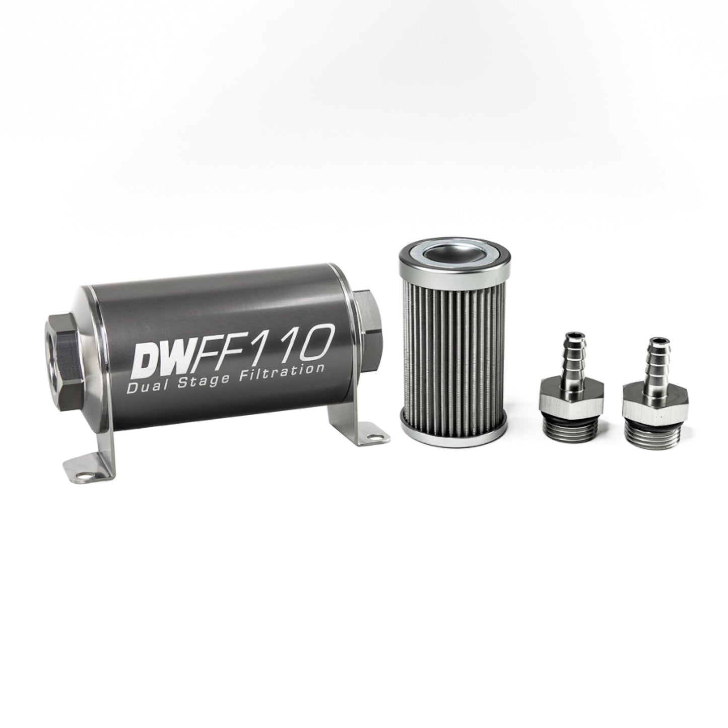 Deatschwerks In-line fuel filter element and housing kit, stainless steel 40 micron, 5/16in hose barb, 110mm. Universal DEW-8-03-110-040K-516