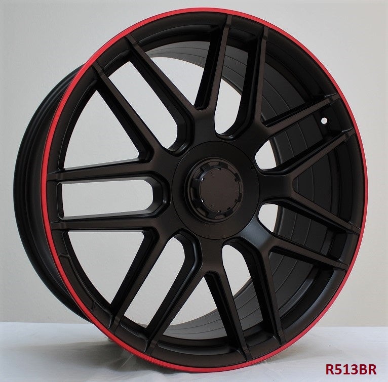 20" X 8.5/9.5" Staggered Aluminum Satin Black Red Lip Wheels Set - Dynamic Performance - R513-BR-20x8.5/9.5-5x112-38/42-66.56