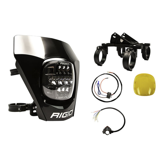 RIGID Industries Adapt XE Extreme Enduro Ready To Ride Moto Kit Includes LED Light With 3 Lighting Zones And GPS Module Amber Light Cover Black Number Plate Wire Harness 3 Position Kill Switch And Mounting Kit 300416