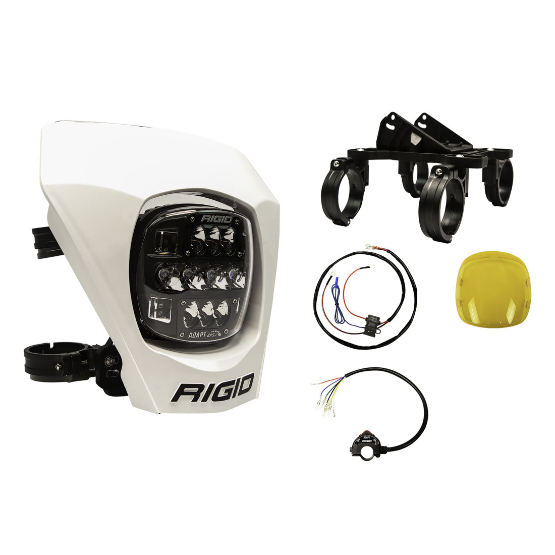 RIGID Industries Adapt XE Extreme Enduro Ready To Ride Moto Kit Includes LED Light With 3 Lighting Zones And GPS Module Amber Light Cover White Number Plate Wire Harness 3 Position Kill Switch And Mounting Kit 300417