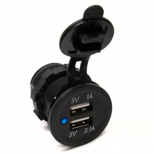 Race Sport RS50782 - Round Socket-Sized Dual-Port USB W/ Blue LED Indicator