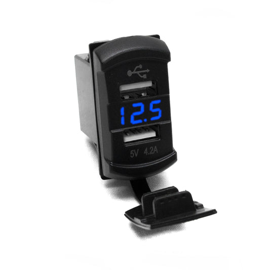 Race Sport RS50887B - Rocker Switch-Sized Dual-Port USB/Voltage Gauge W/ Blue Digital LED Display