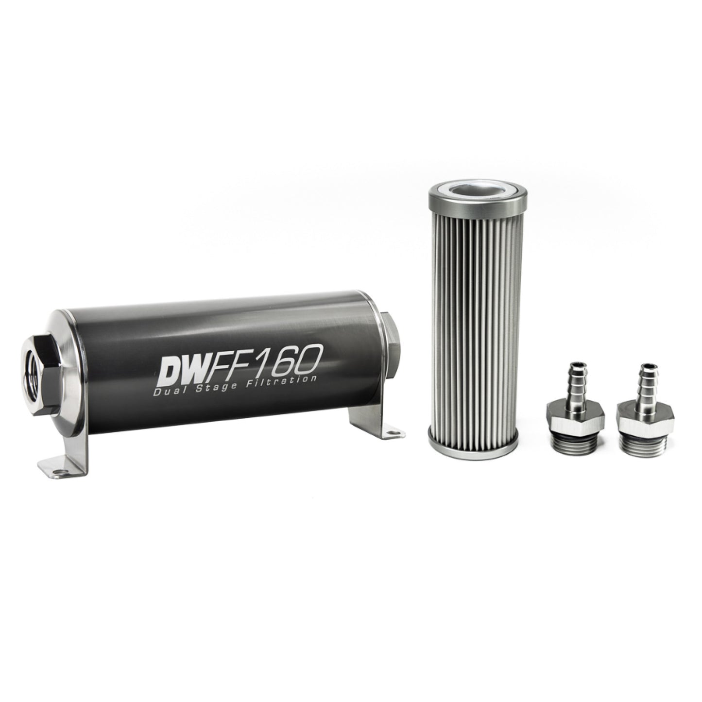 Deatschwerks In-line fuel filter element and housing kit, stainless steel 10 micron, 5/16in hose barb, 160mm. Universal DEW-8-03-160-010K-516