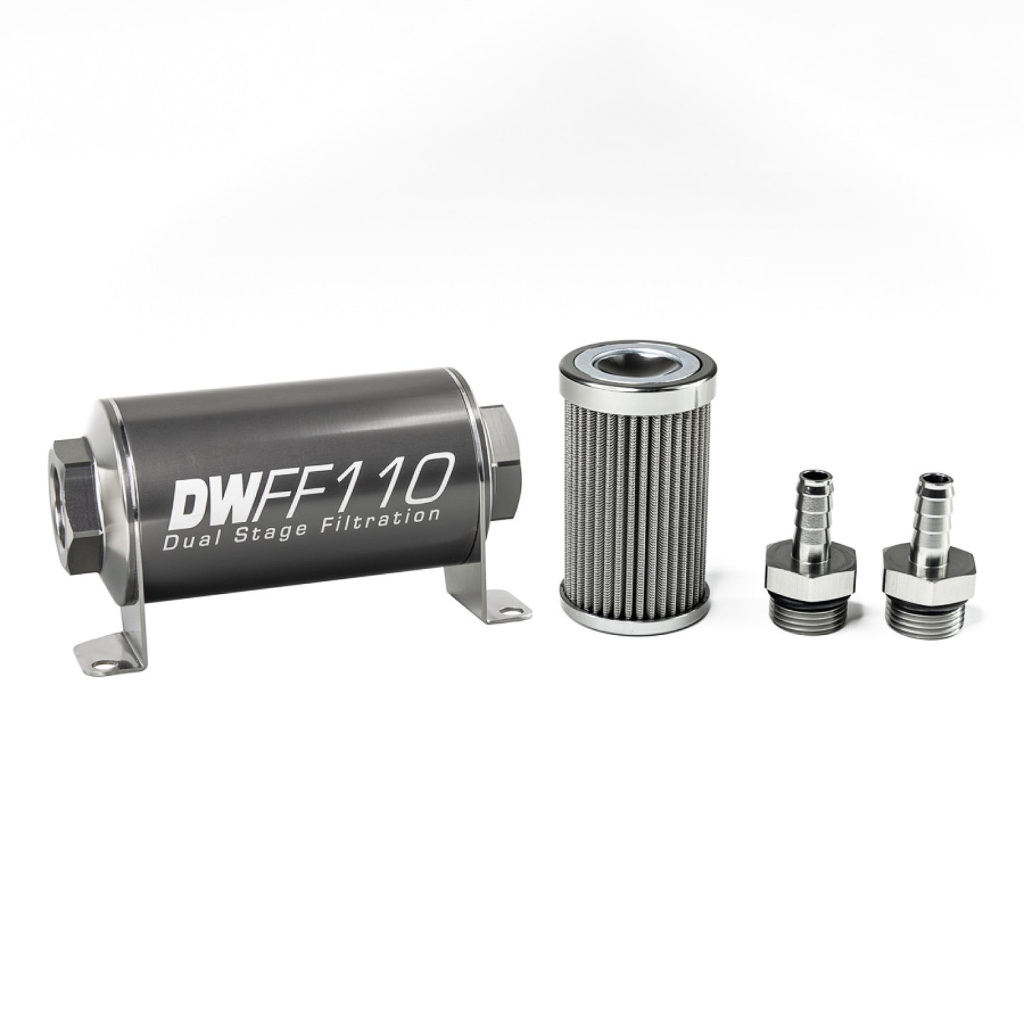 Deatschwerks In-line fuel filter element and housing kit, stainless steel 100 micron, 3/8in hose barb, 110mm. Universal DEW-8-03-110-100K-38