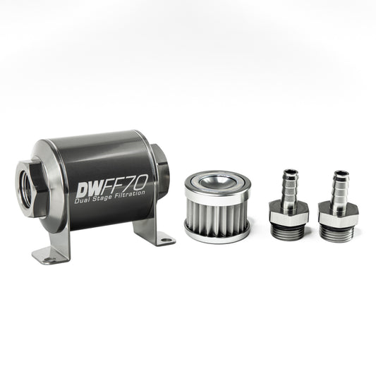 Deatschwerks In-line fuel filter element and housing kit, stainless steel 5 micron, 3/8in hose barb, 70mm. Universal DEW-8-03-070-005K-38