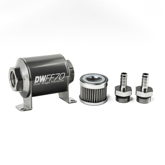 Deatschwerks In-line fuel filter element and housing kit, stainless steel 40 micron, 3/8in hose barb, 70mm. Universal DEW-8-03-070-040K-38