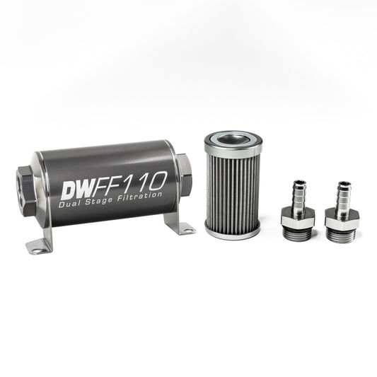 Deatschwerks In-line fuel filter element and housing kit, stainless steel 40 micron, 3/8in hose barb, 110mm. Universal DEW-8-03-110-040K-38