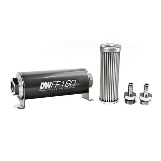 Deatschwerks In-line fuel filter element and housing kit, stainless steel 5 micron, 3/8in hose barb, 160mm. Universal DEW-8-03-160-005K-38