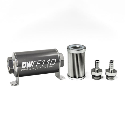 Deatschwerks In-line fuel filter element and housing kit, stainless steel 10 micron, 3/8in hose barb, 110mm. Universal DEW-8-03-110-010K-38