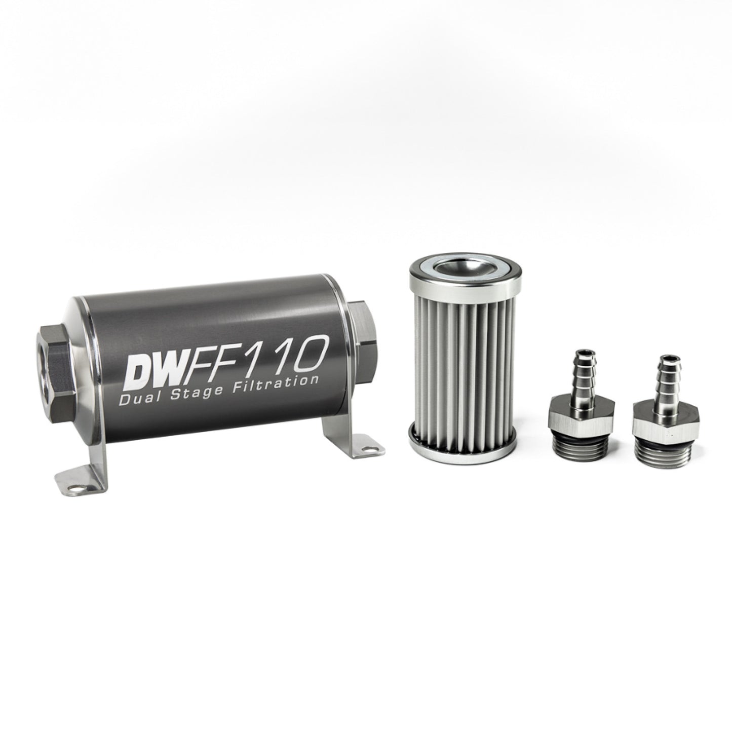 Deatschwerks In-line fuel filter element and housing kit, stainless steel 5 micron, 5/16in hose barb, 110mm. Universal DEW-8-03-110-005K-516