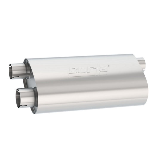 Borla Specialty Muffler Transverse Flow 3in Inlet/ 2.5in Dual Outlet 6in x 10.25in Oval x 19in Long Body Notched Necks 400499