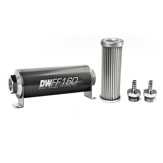 Deatschwerks In-line fuel filter element and housing kit, stainless steel 5 micron, 5/16in hose barb, 160mm. Universal DEW-8-03-160-005K-516