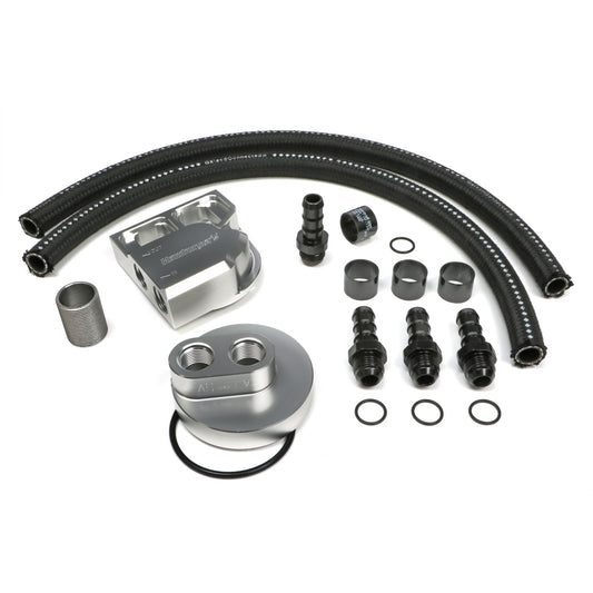 HAMBURGER'S PERFORMANCE PRODUCTS BILLET ALUMINUM SINGLE OIL FILTER RELOCATION KIT; HORIZONTAL PORT; 2-1/4 IN. I.D. 3-11/16 IN. O.D. OIL FILTER FLANGE; 1-1/2 IN.-12 NIPPLE- FORD DIESEL WITH 1 1/2-12 THREADS 3359