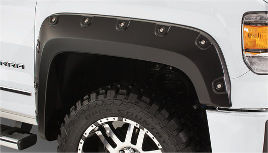 Bushwacker 71906-02 Black Boss Pocket/Rivet Style Smooth Finish 4-Piece Fender Flare Set For 2006-2020 Nissan Frontier Chrome Bumper Only Integrates With Factory MudFlap W/58.6 Ft. Bed