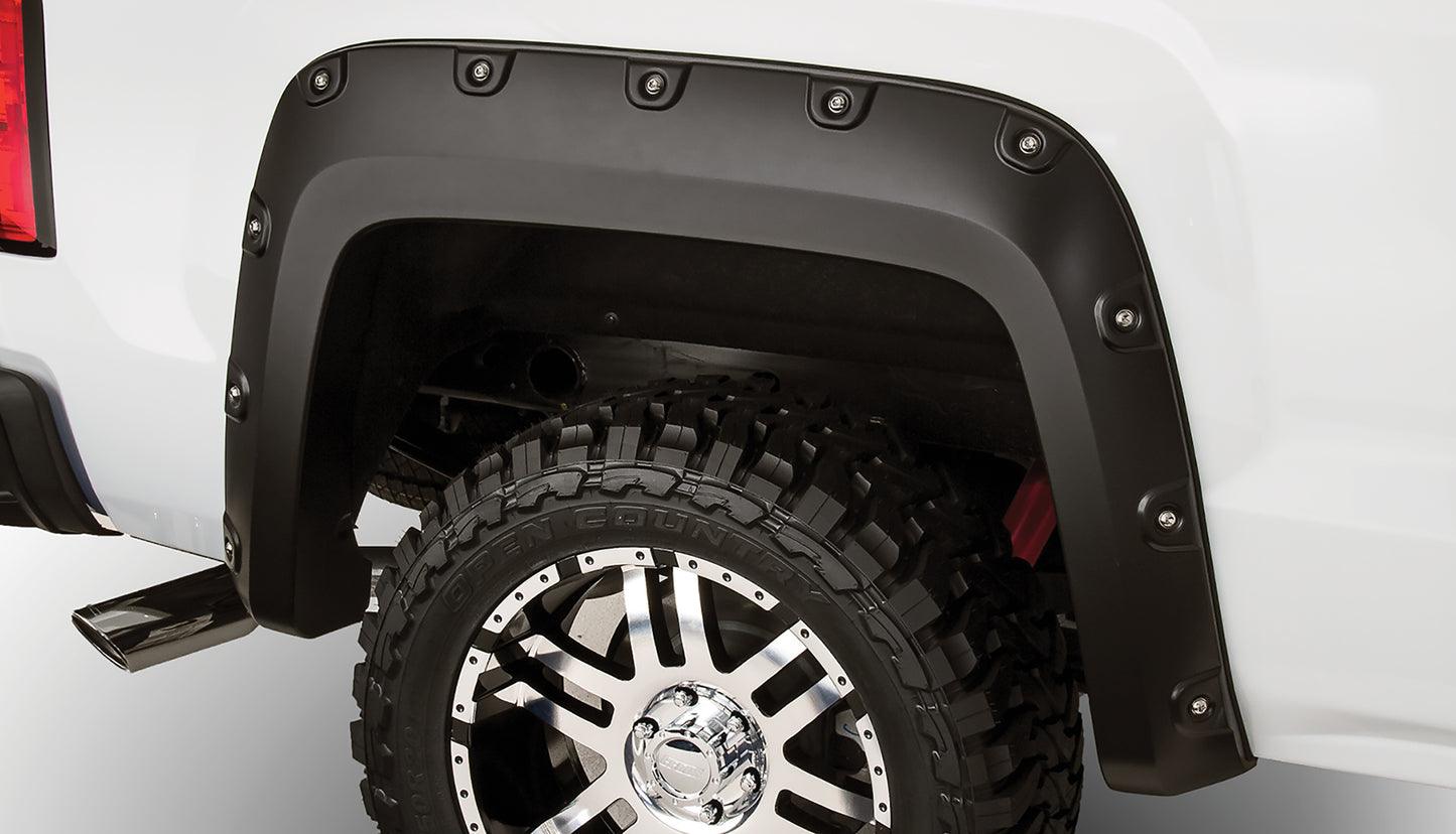 Bushwacker 40085-02 Black Boss Pocket/Rivet Style Smooth Finish Rear Fender Flares For 2007-2013 Sierra 1500; 2007-2014 Sierra 2500 HD; Fits 78.7/97.6 In. Bed