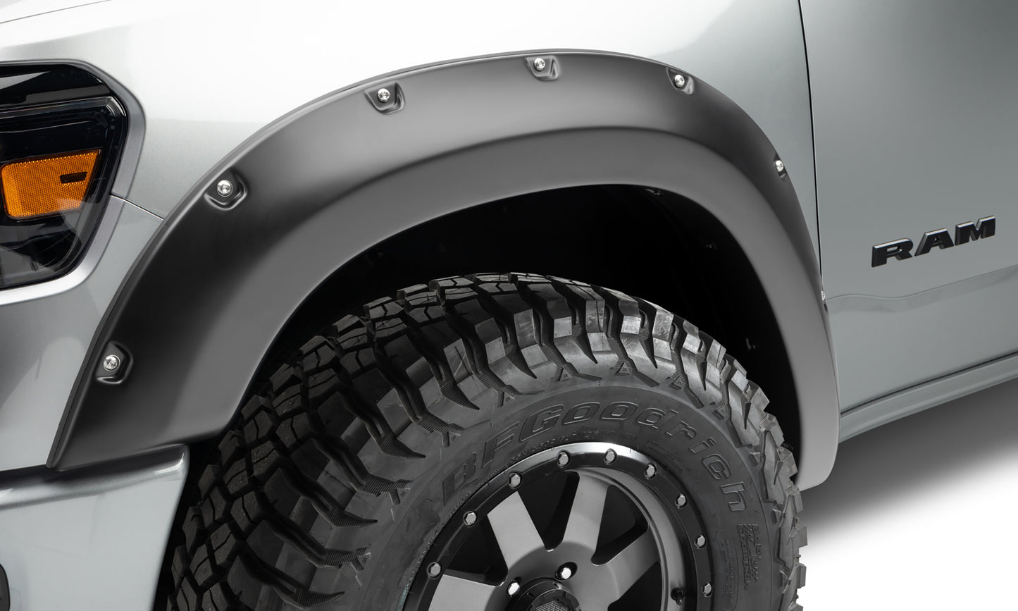 Bushwacker 50053-02 Black Pocket/Rivet Style Smooth Finish Front Fender Flares For 2019-2022 Ram 1500; Will Not Fit Rebel And TRX Models