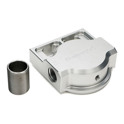 SINGLE Remote Oil Filter Base; Fits HP6; Flows Left to Right- Billet Aluminum 3402